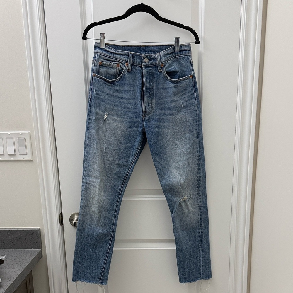 Levi's 501 Wedgie Distressed Straight Leg Blue Jeans
